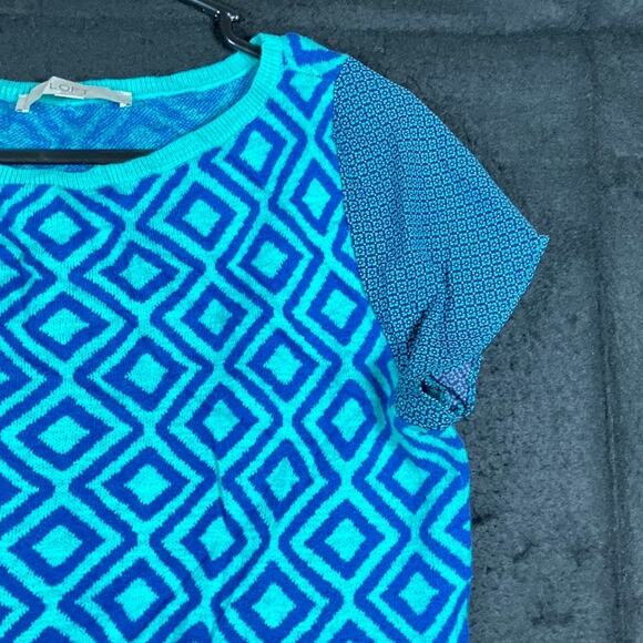 Ann Taylor Loft Womens Shirt Turquoise Geometric Diamond Cap Sleeve Modal S - Picture 5 of 12